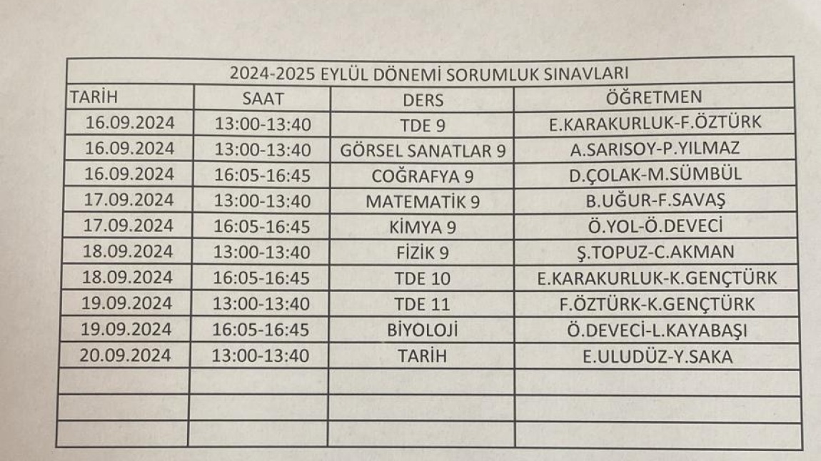 2024/2025 Eğitim Öğretim yılı Eylül dönemi sorumluluk sınav tarihleri